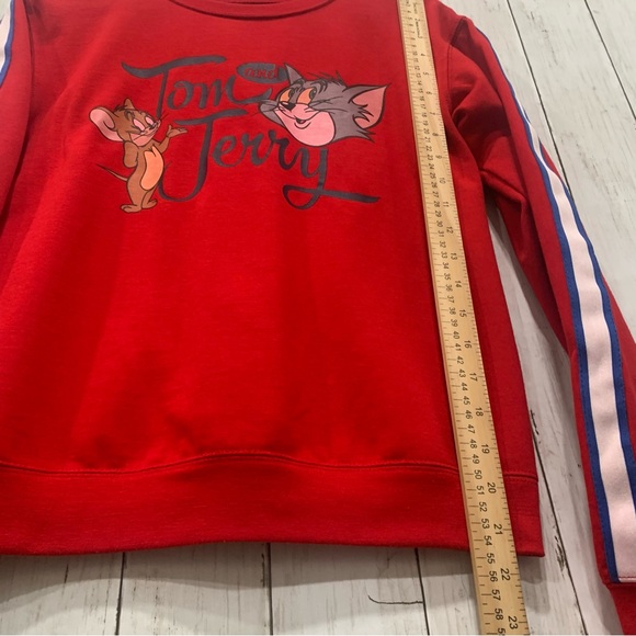 Tom & Jerry Women's Blue/White Striped Sleeve Graphic Red Sweatshirt Medium - Picture 7 of 13